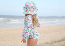 Load image into Gallery viewer, Girls swimsuit and sun hat in Pink Bloom at the beach